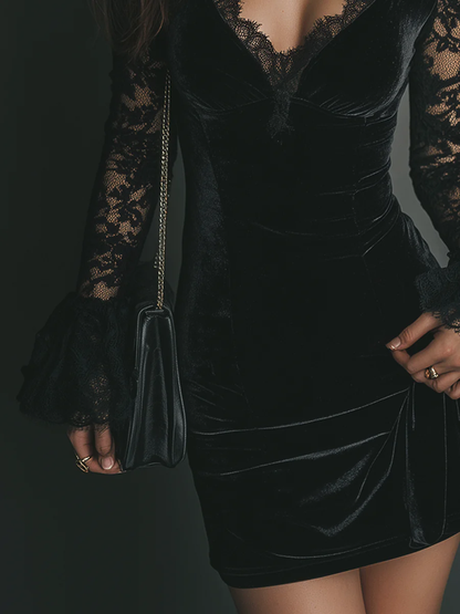 BLACK VELVET MINI DRESS WITH LACE
