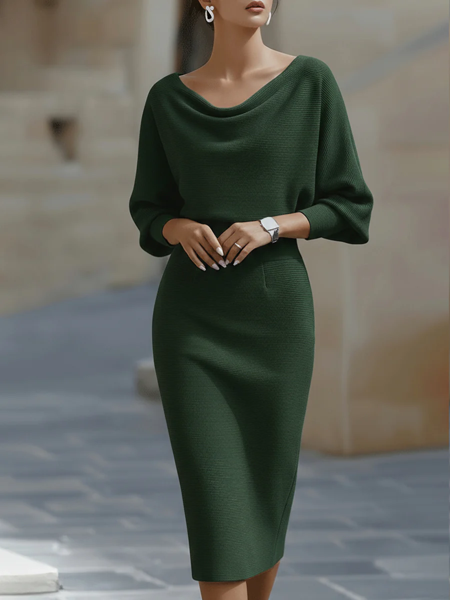 DRAPED BATWING SLEEVE MIDI DRESS