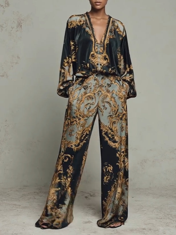 BAROQUE OUTFIT: LONG-SLEEVED TOP AND WIDE-LEG TROUSERS