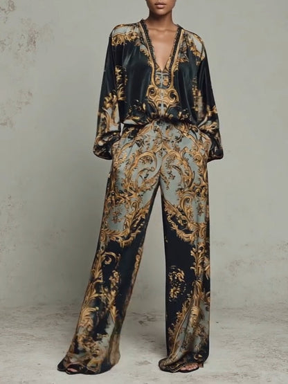 BAROQUE OUTFIT: LONG-SLEEVED TOP AND WIDE-LEG TROUSERS