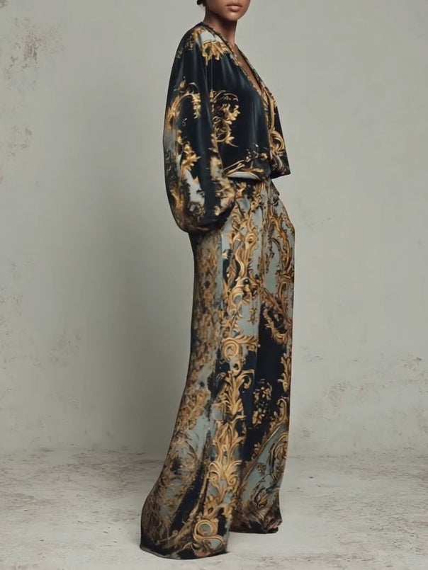 BAROQUE OUTFIT: LONG-SLEEVED TOP AND WIDE-LEG TROUSERS