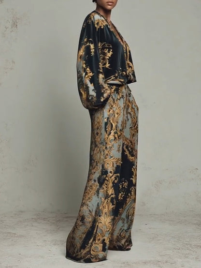BAROQUE OUTFIT: LONG-SLEEVED TOP AND WIDE-LEG TROUSERS