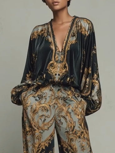 BAROQUE OUTFIT: LONG-SLEEVED TOP AND WIDE-LEG TROUSERS