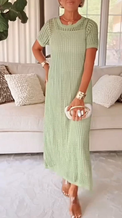 TWO-PIECE DRESS WITH BOAT NECK AND OPENWORK