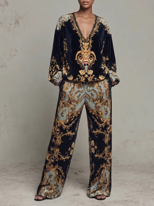 elegant baroque two piece set for women with long sleeve top and wide leg pants sophisticated feminine fashion perfect for events dinners and special occasions