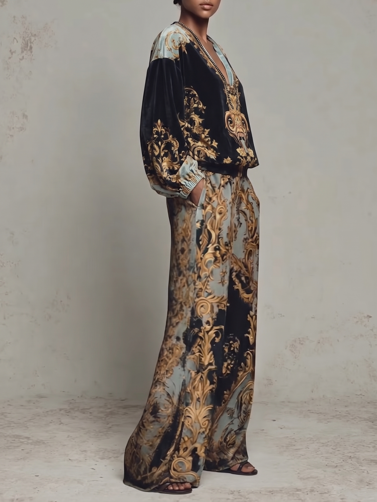 elegant baroque velvet two piece set for women side view with wide leg pants refined feminine fashion perfect for stylish occasions and events
