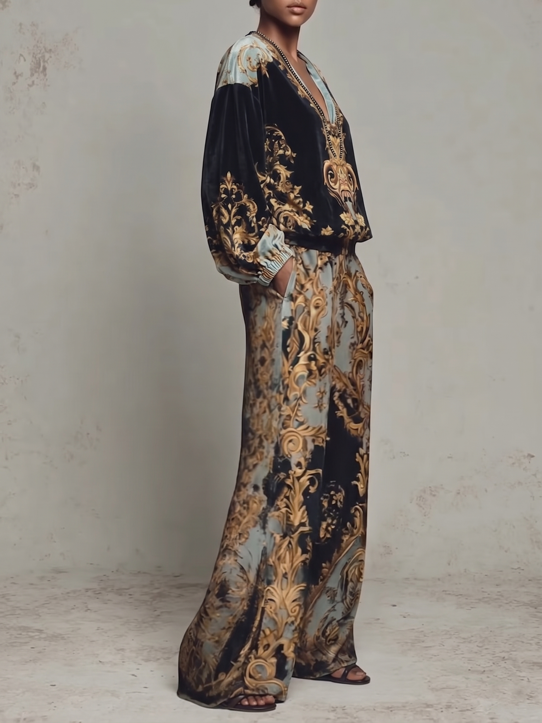 elegant baroque velvet two piece set for women side view with wide leg pants refined feminine fashion perfect for stylish occasions and events