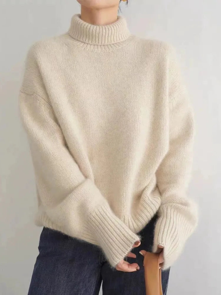 elegant beige cashmere high neck sweater for women sophisticated feminine fashion perfect for office outfits and stylish occasions