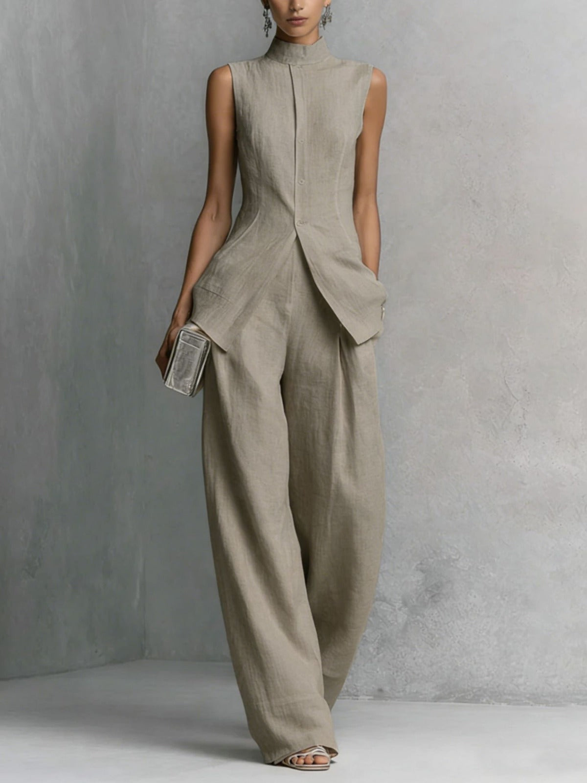 elegant beige two piece set for women with high neck top and wide leg pants refined feminine fashion perfect for events and casual chic outfits