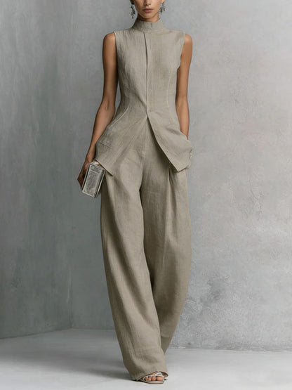 elegant beige two piece set for women with high neck top and wide leg pants refined feminine fashion perfect for events and casual chic outfits