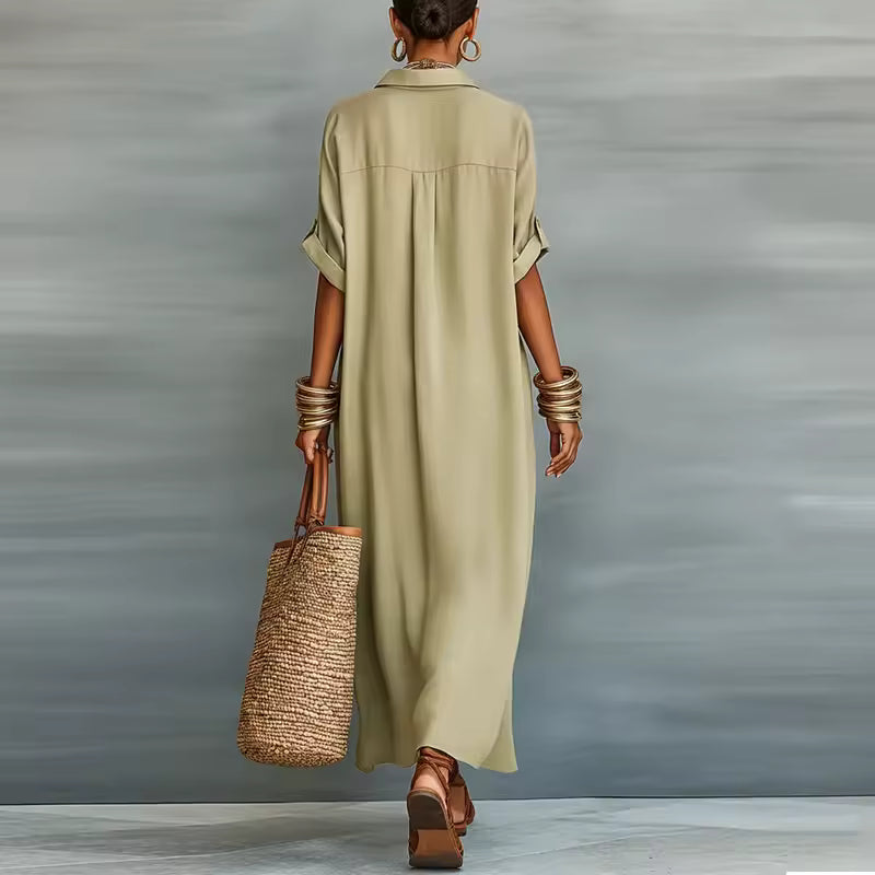 back view of beige shirt maxi dress with short sleeves flowing silhouette and timeless design perfect for office wear travel and elegant everyday dressing