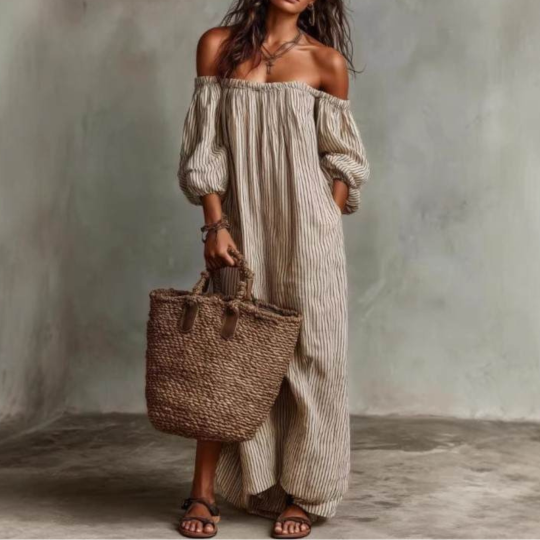 OFF-SHOULDER STRIPED MAXI DRESS WITH 3/4 SLEEVES Loopy Wear OFF-SHOULDER STRIPED MAXI DRESS WITH 3/4 SLEEVES Loopy Wear
