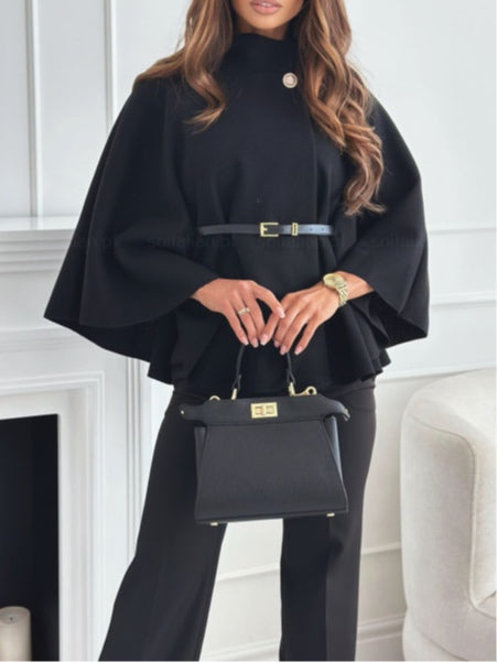elegant cape coat for women with belt and batwing sleeves sophisticated feminine fashion perfect for stylish outfits and special occasions