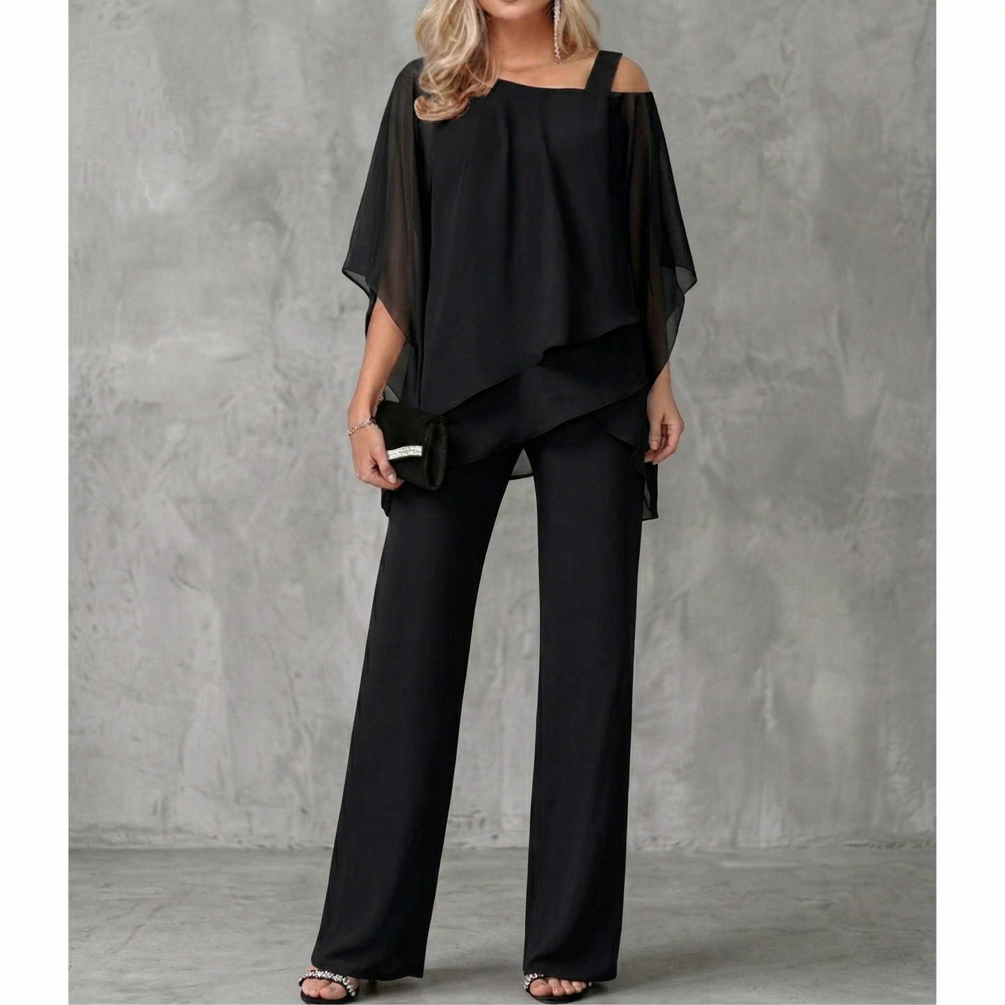 elegant black asymmetric off shoulder two piece set for women refined feminine fashion perfect for events dinners and formal occasions