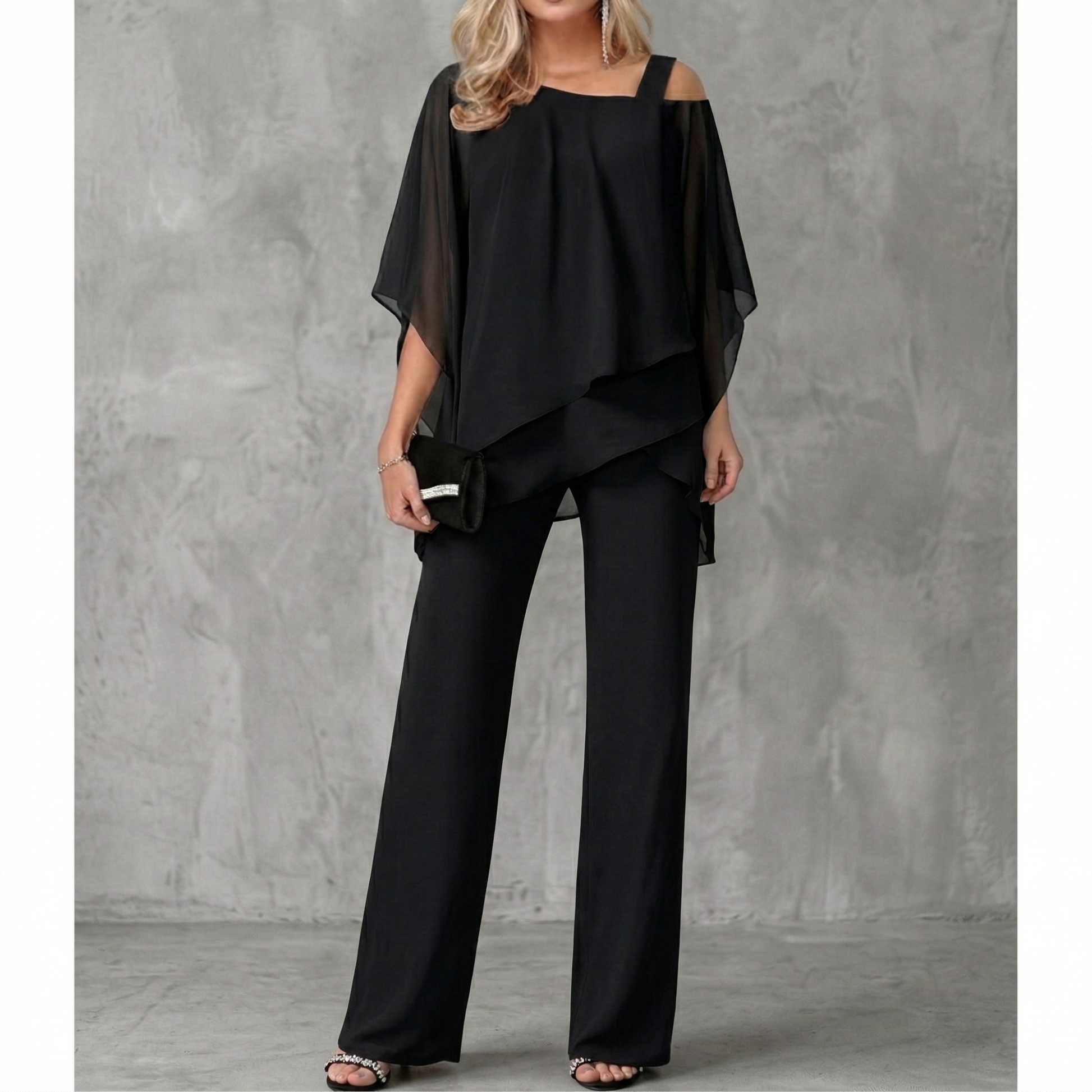 elegant black asymmetric off shoulder two piece set for women refined feminine fashion perfect for events dinners and formal occasions