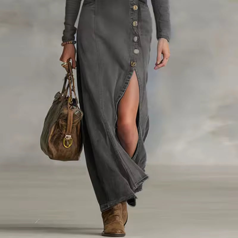 elegant black denim maxi dress for women with v neck and asymmetric button design sophisticated feminine fashion perfect for events dinners and occasions