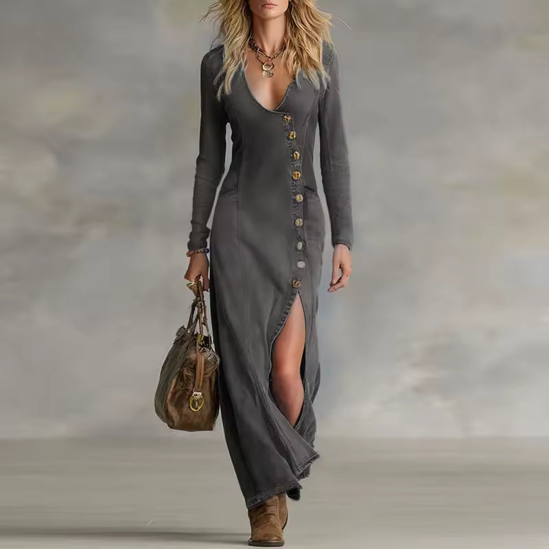 elegant black denim maxi dress for women with v neck and asymmetric button closure sophisticated feminine fashion perfect for events dinners and stylish occasions