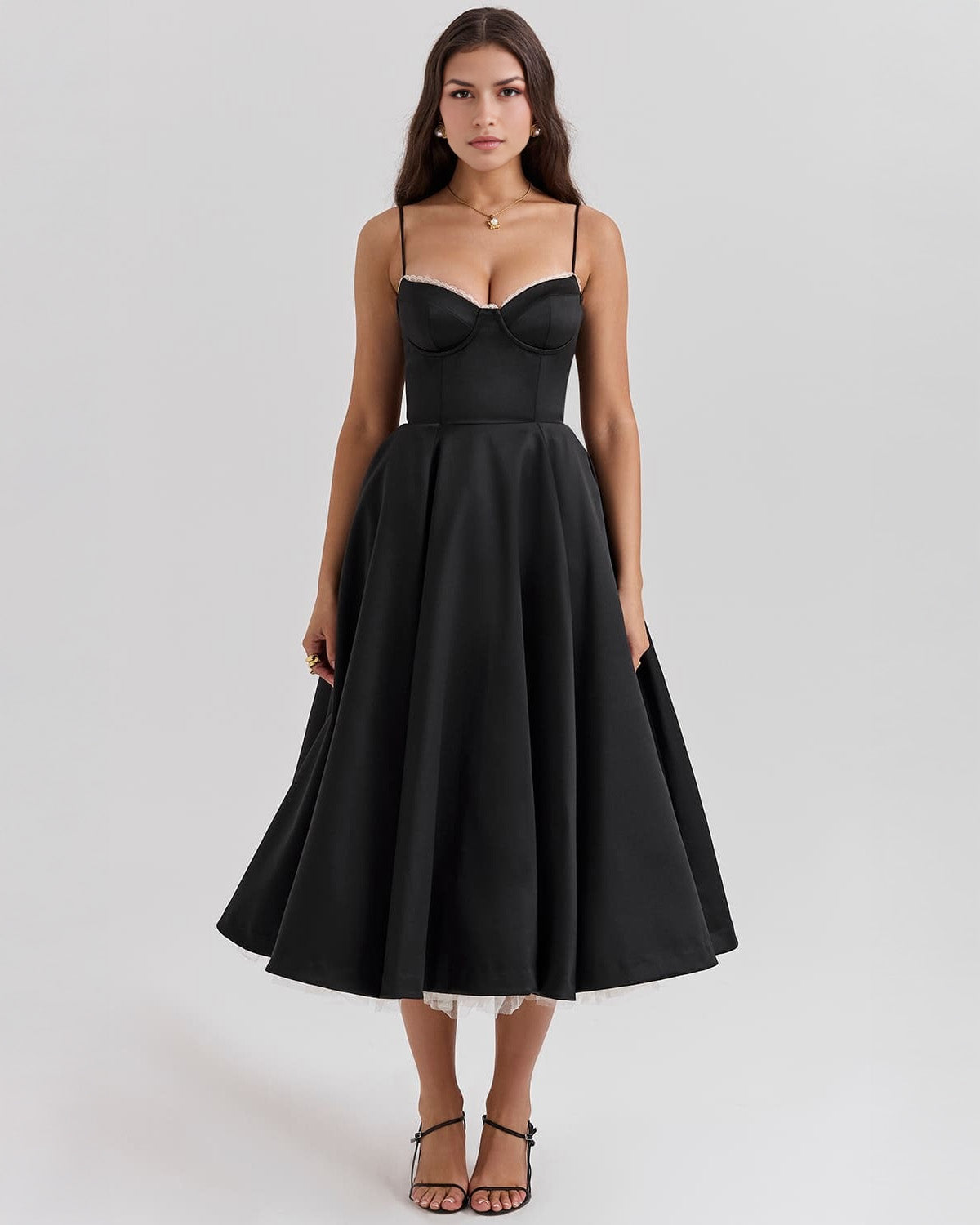 elegant black duchess satin midi dress for women with sweetheart corset bodice and voluminous tulle skirt timeless evening style for galas cocktail parties and formal events