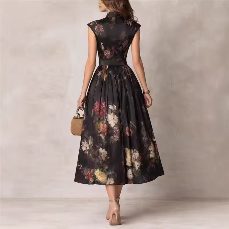 elegant black floral midi dress for women back view with mao neck refined feminine fashion perfect for events and stylish occasions