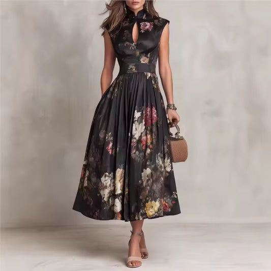 elegant black floral midi dress for women with mao neck and keyhole detail sophisticated feminine fashion perfect for events dinners and special occasions