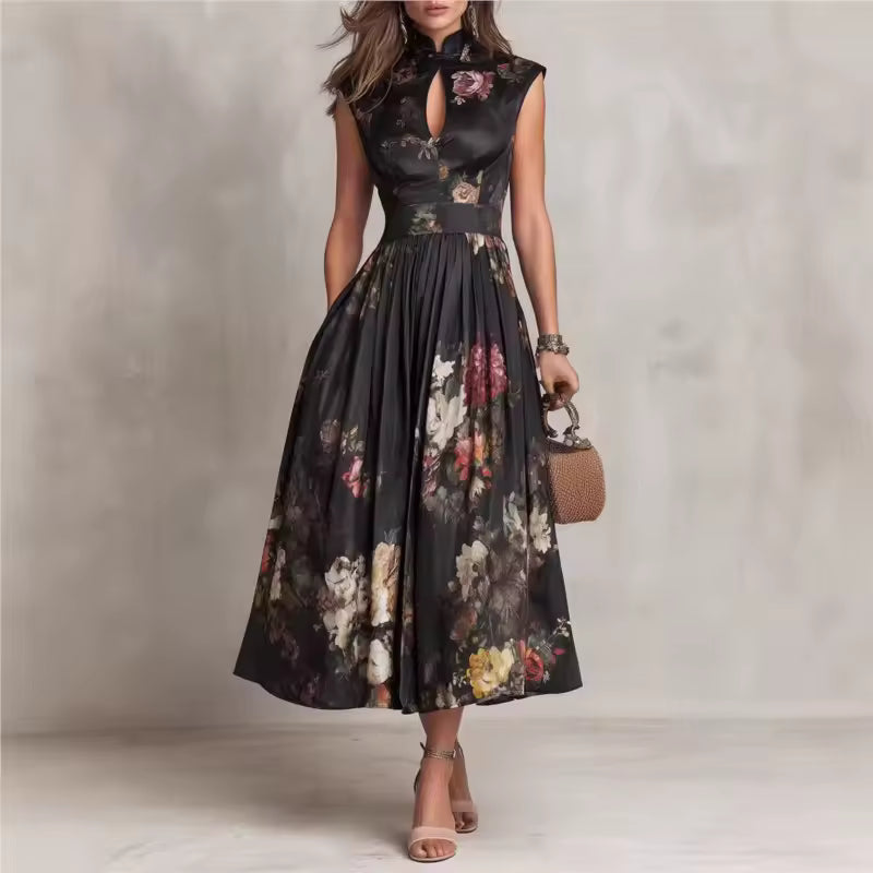 elegant black floral midi dress for women with mao collar keyhole neckline and pleated skirt sophisticated feminine style ideal for dinners celebrations cultural events and special occasions