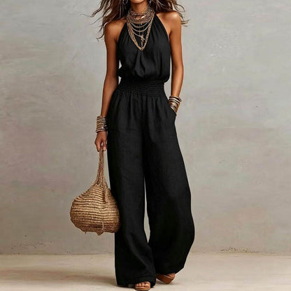 elegant black halter jumpsuit for women with fitted waist sophisticated feminine fashion perfect for dinners events and formal occasions