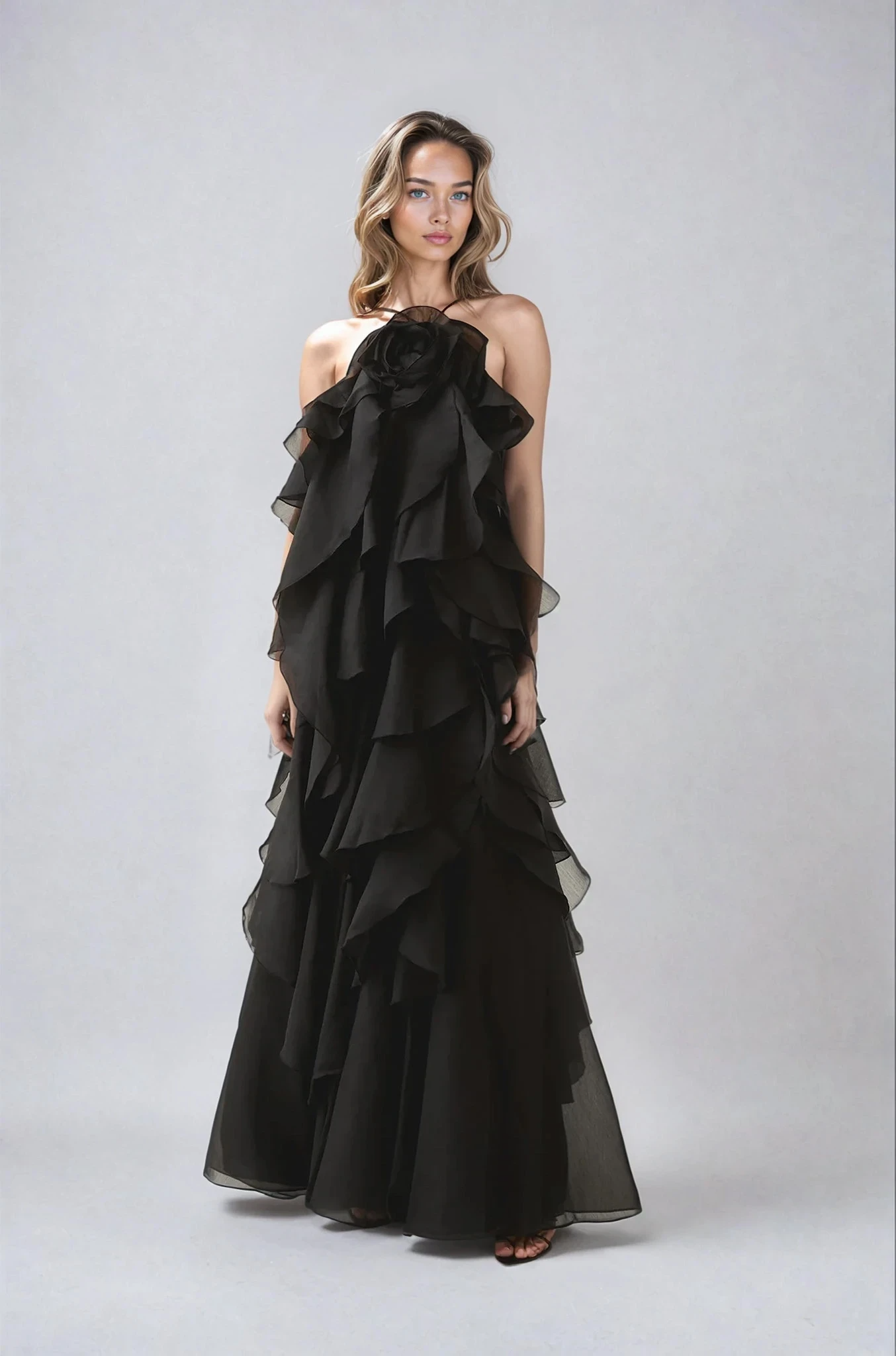 elegant black halter maxi dress for women with layered ruffles and fluid silhouette sophisticated evening style perfect for formal events dinners and elegant occasions