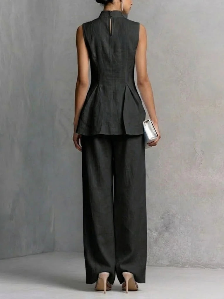 elegant black two piece set for women with high neck top and wide leg pants back view sophisticated feminine fashion perfect for outfits and occasions