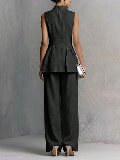 elegant black two piece set for women with high neck top and wide leg pants back view sophisticated feminine fashion perfect for outfits and occasions