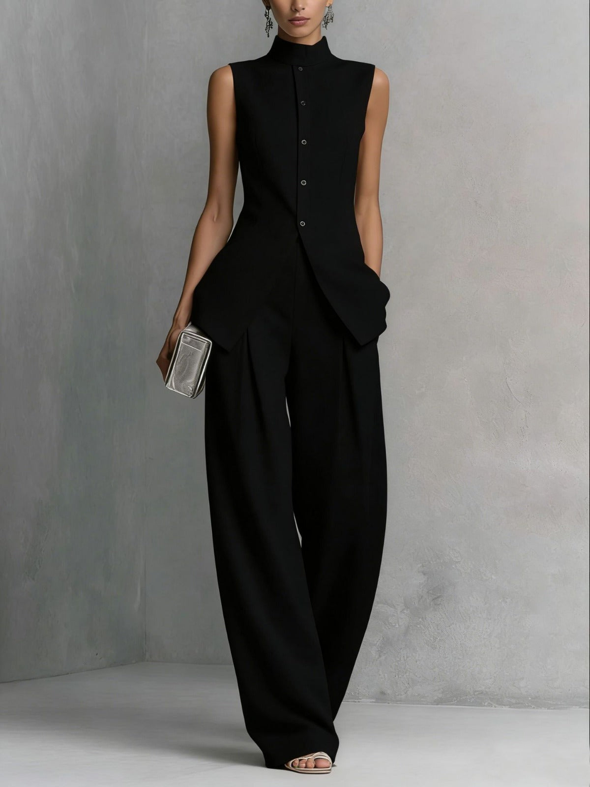 elegant black two piece set for women with high neck top and wide leg pants sophisticated feminine fashion perfect for events dinners and formal occasions