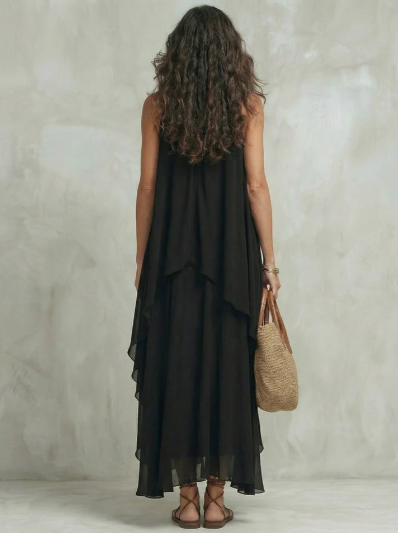 BLACK LAYERED MAXI DRESS ROUND NECK SLEEVELESS  Loopy Wear
