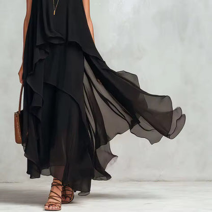 elegant black layered maxi dress for women skirt detail with flowy layered fabric sophisticated feminine fashion perfect for events and occasions