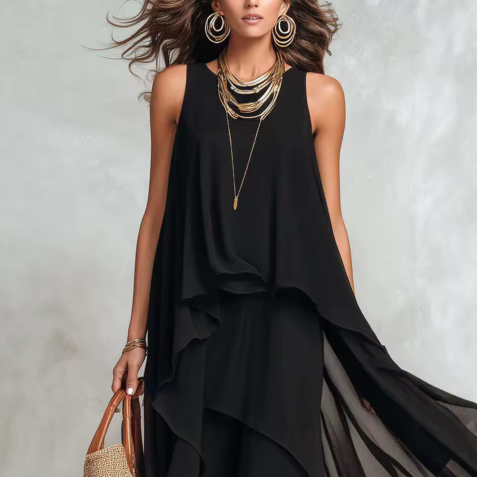 BLACK LAYERED MAXI DRESS ROUND NECK SLEEVELESS  Loopy Wear