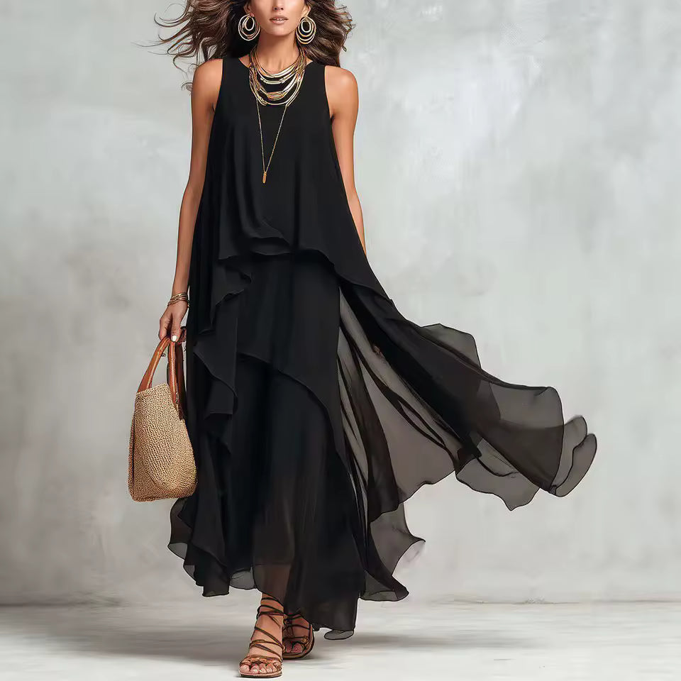 BLACK LAYERED MAXI DRESS ROUND NECK SLEEVELESS – Loopy Wear