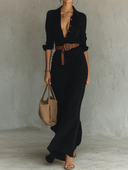 elegant black long sleeve shirt maxi dress for women with belt refined feminine fashion ideal for office outfits events and formal occasions