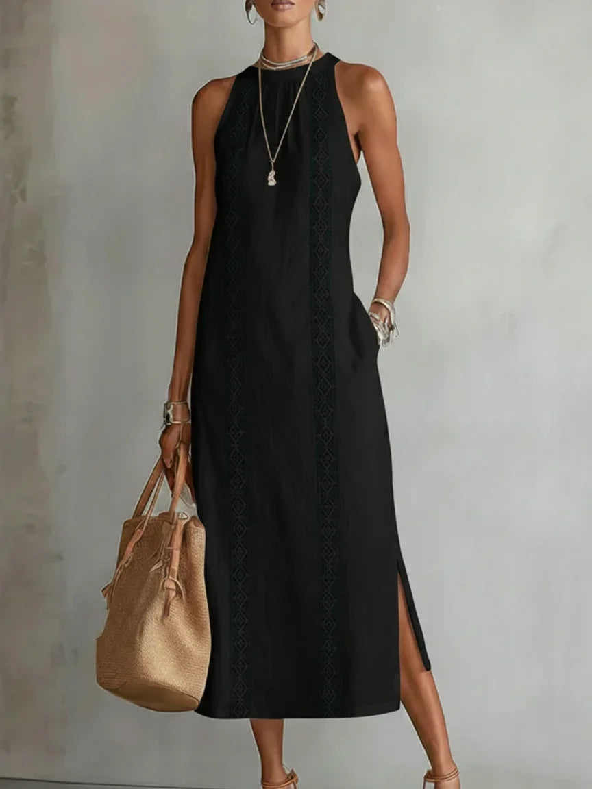 elegant black off shoulder maxi dress for women with slit round neck sleeveless sophisticated feminine fashion perfect for events dinners and occasions