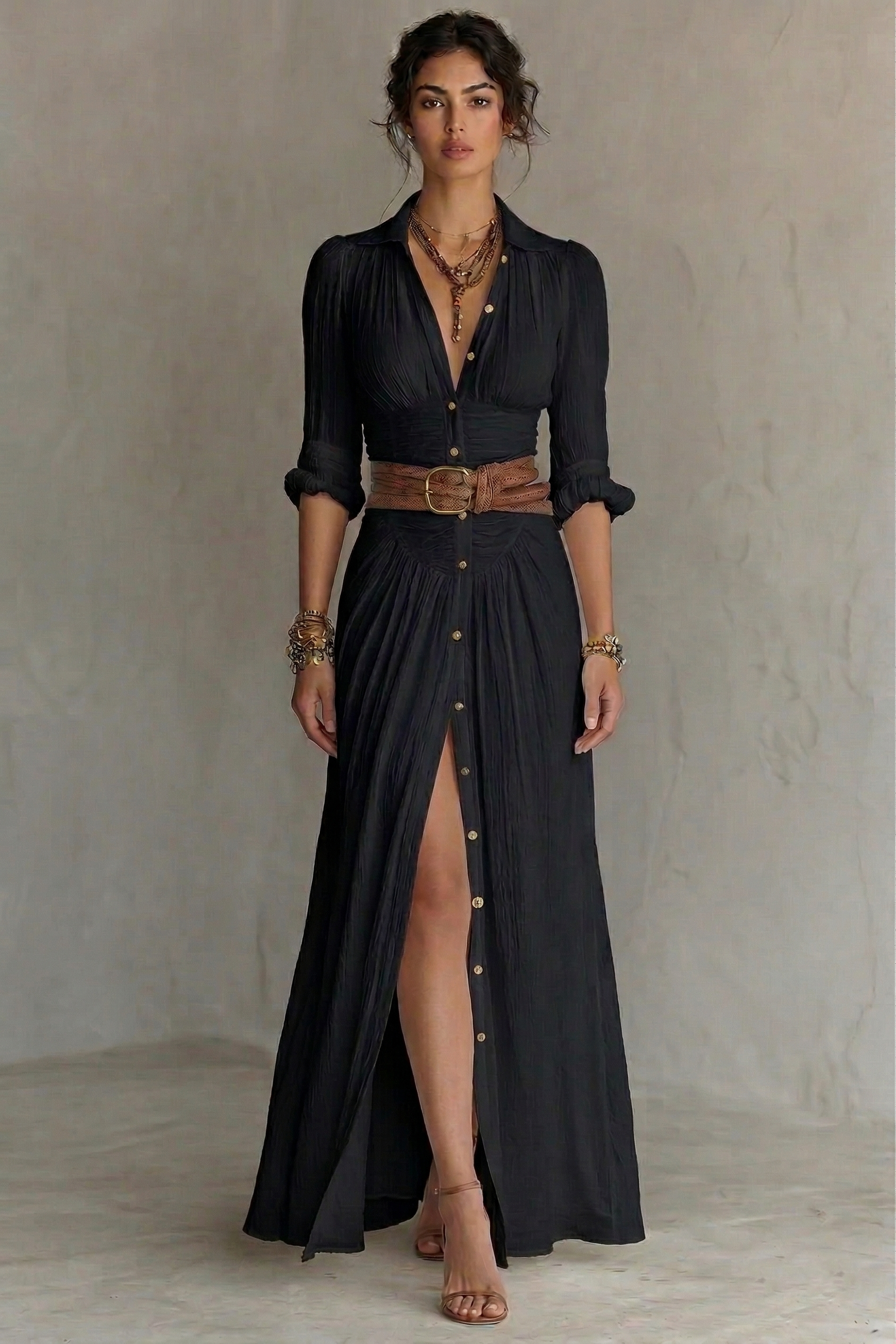 elegant black pleated maxi dress for women with v neck and belt refined feminine fashion perfect for events dinners and formal occasions