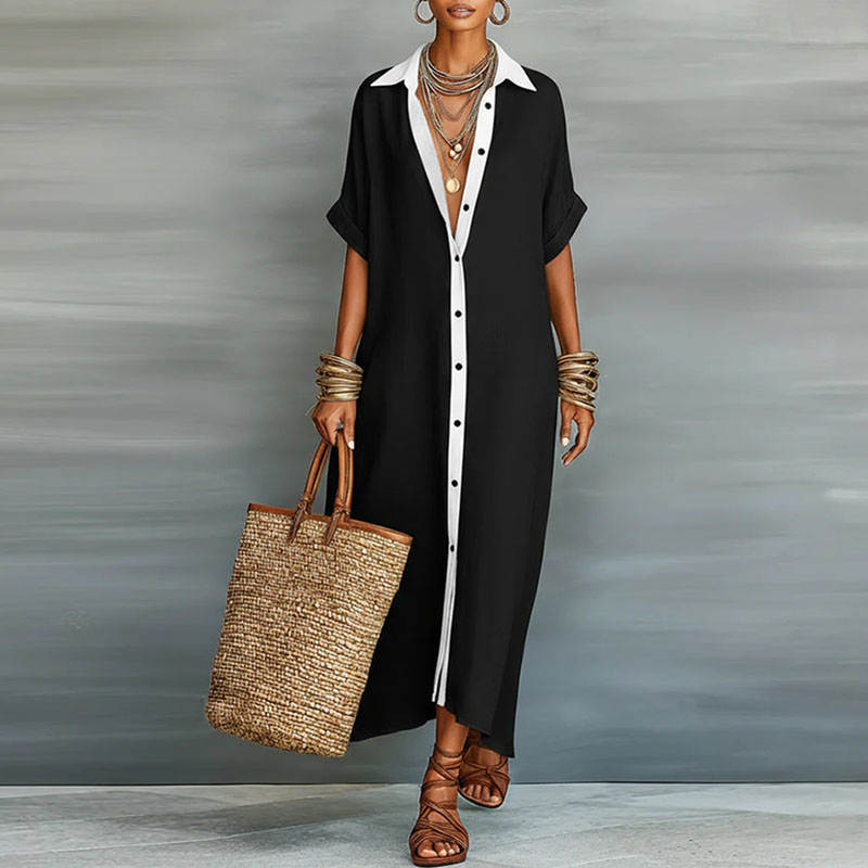 elegant black shirt maxi dress for women with lapel collar button front and short sleeves timeless modern silhouette perfect for office outfits city wear and elegant everyday styling