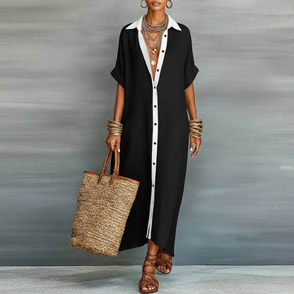 elegant black shirt maxi dress for women with lapel collar button front and short sleeves timeless modern silhouette perfect for office outfits city wear and elegant everyday styling