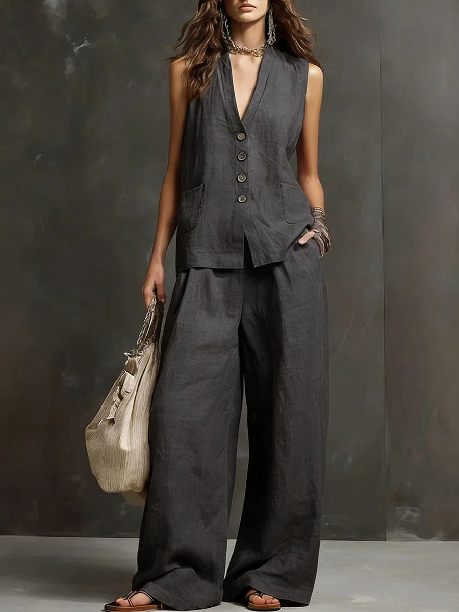 elegant black two piece set for women with v neck button top and wide leg pants sophisticated feminine fashion perfect for events dinners and formal occasions