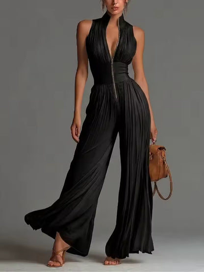 elegant black sleeveless jumpsuit for women with v neck front zipper and pleated wide leg sophisticated feminine fashion perfect for events dinners