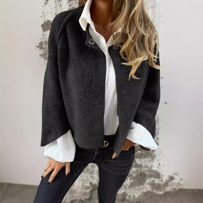 elegant black wool cape for women with front closure refined feminine fashion perfect for events and stylish occasions
