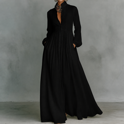 elegant black minimalist maxi dress for women with mao collar refined feminine fashion perfect for events dinners and special occasions