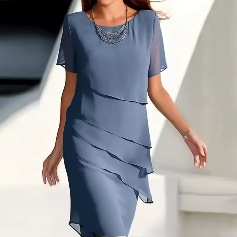 elegant blue draped chiffon midi dress for women with round neck sophisticated feminine fashion perfect for events dinners and special occasions