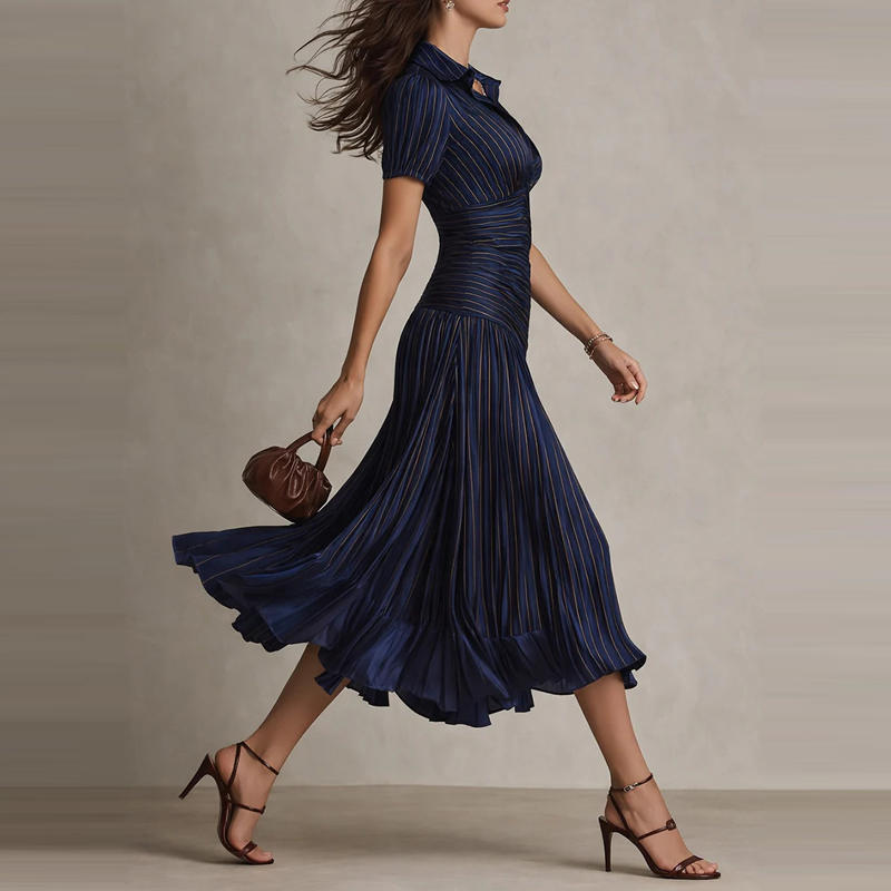 elegant blue draped pleated midi dress for women side view refined feminine fashion perfect for stylish occasions and events