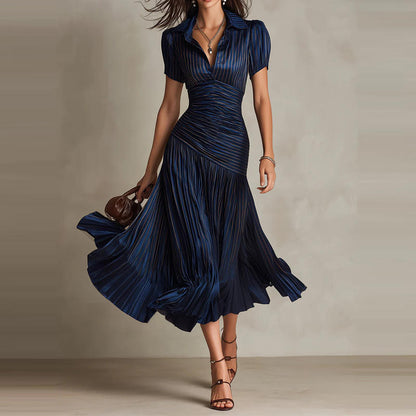 elegant blue draped pleated midi dress for women sophisticated feminine fashion perfect for events dinners and special occasions