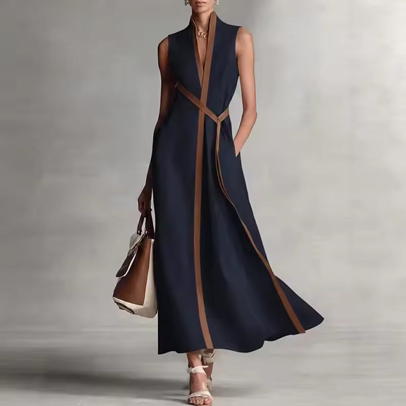 elegant blue high neck maxi dress for women with pockets refined feminine fashion perfect for dinners outings and special occasions