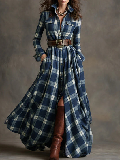 elegant blue plaid shirt dress for women with adjustable belt sophisticated feminine fashion perfect for office outfits and stylish occasions