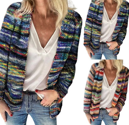 multicolor blue striped open knit cardigan shown in multiple angles featuring soft knit texture relaxed silhouette and versatile city style for casual everyday outfits