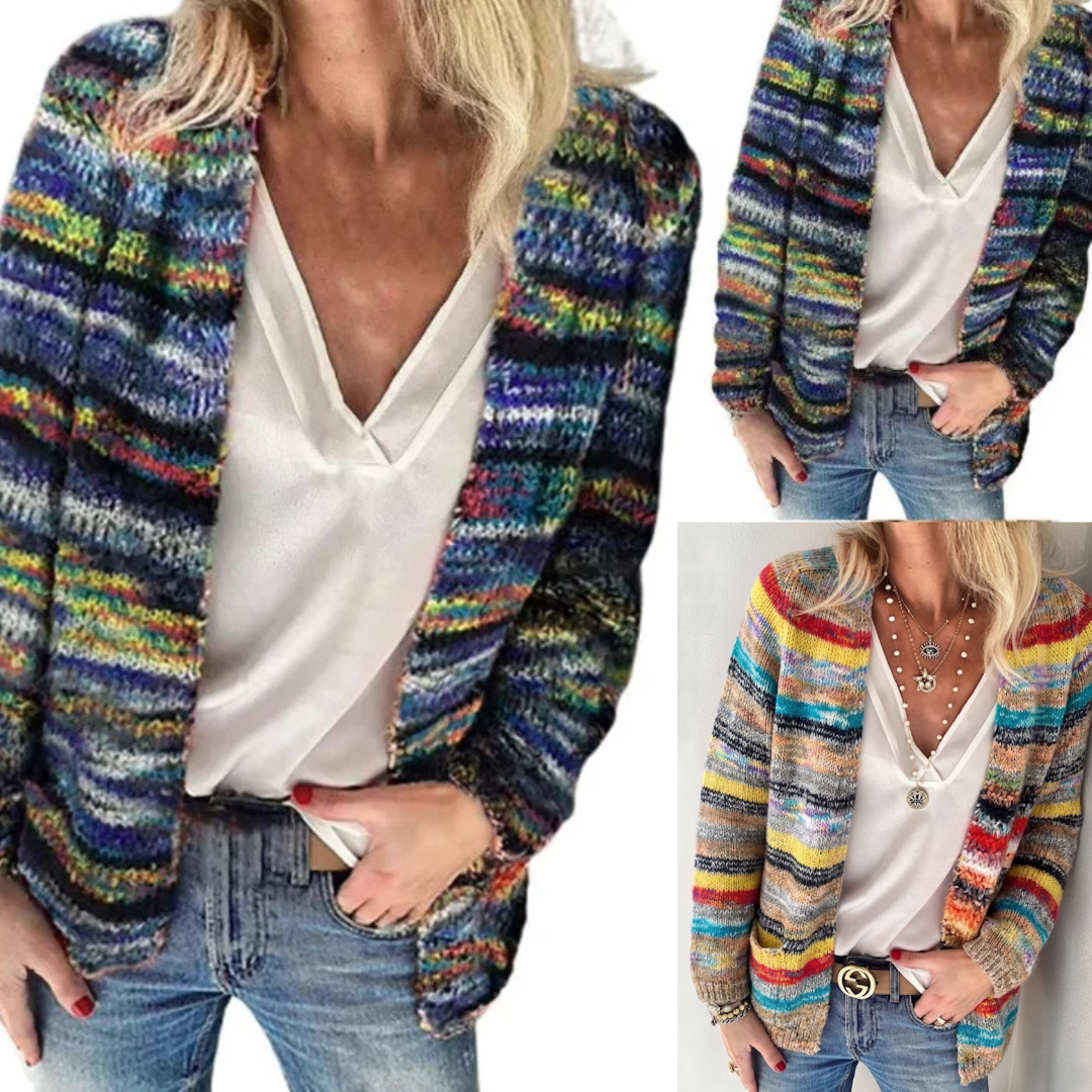 multicolor blue striped open knit cardigan shown in multiple angles featuring soft knit texture relaxed silhouette and versatile city style for casual everyday outfits